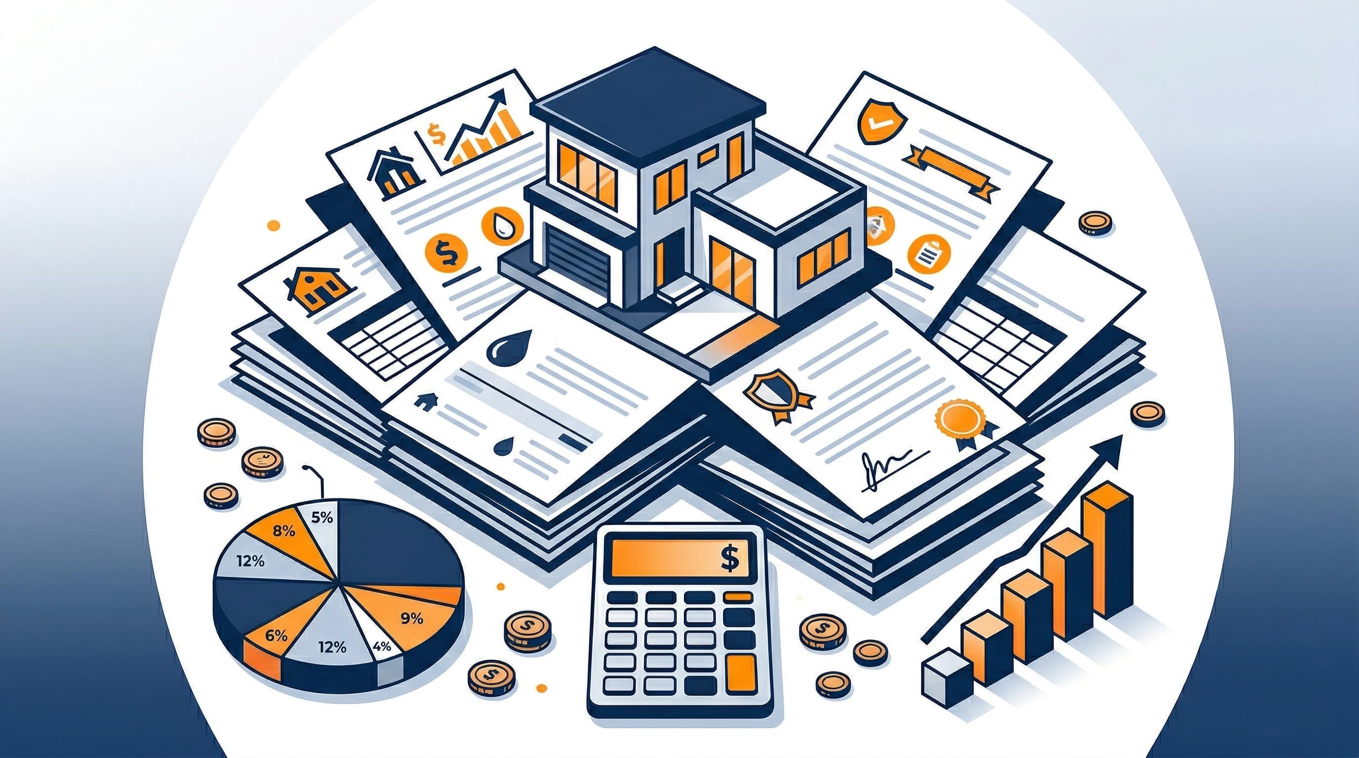 Kitchen table covered in property bills, council rate notices, and insurance documents